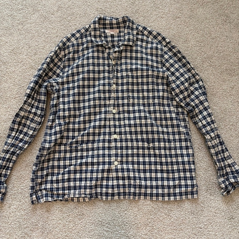 Wallace & Barnes Cotton Linen Button Up Shirt Mens XL Blue White Plaid 3 Pocket